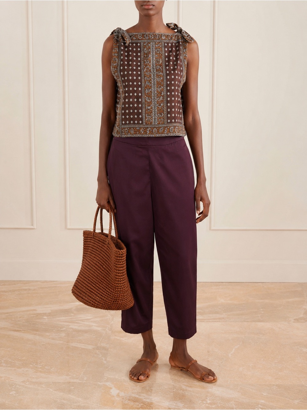 Raw Mango by Sanjay Garg Silk Cropped Tapered Pants Burgundy Hand Finished Hem